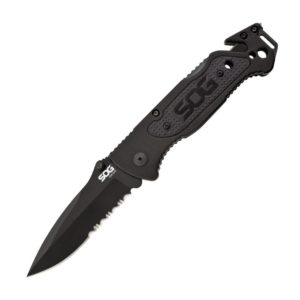 SOG Escape Folding Knife FF25-CP - Built-in Strap Cutter & Glass Breaker, Hardcased Black 3.4" Blade, Aluminum Handle